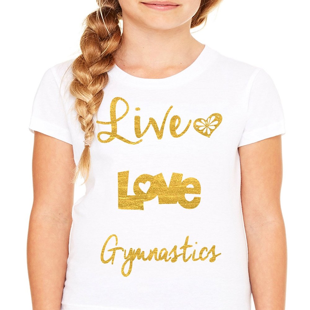 Queen Apparel- Live Love Gymnastics Shirt-Soft 100% Cotton Girls Fitted Shirt White (X-Small)