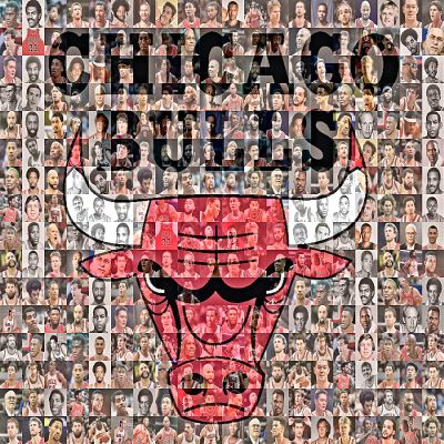 Chicago Bulls Mosaic Print Art Designed Using 50 Past and Present Bulls Players. 11X14" Matted Print