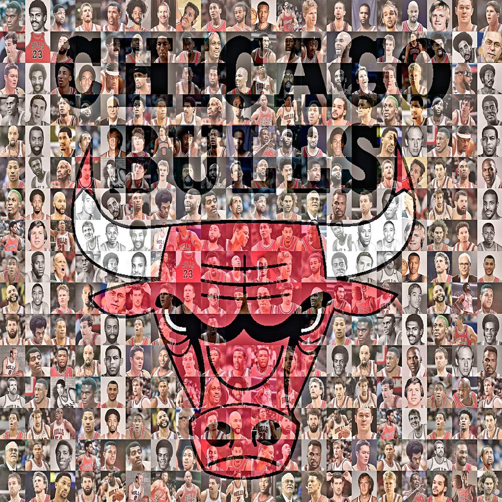 Chicago Bulls Mosaic Print Art Designed Using 50 Past and Present Bulls Players. 11X14" Matted Print