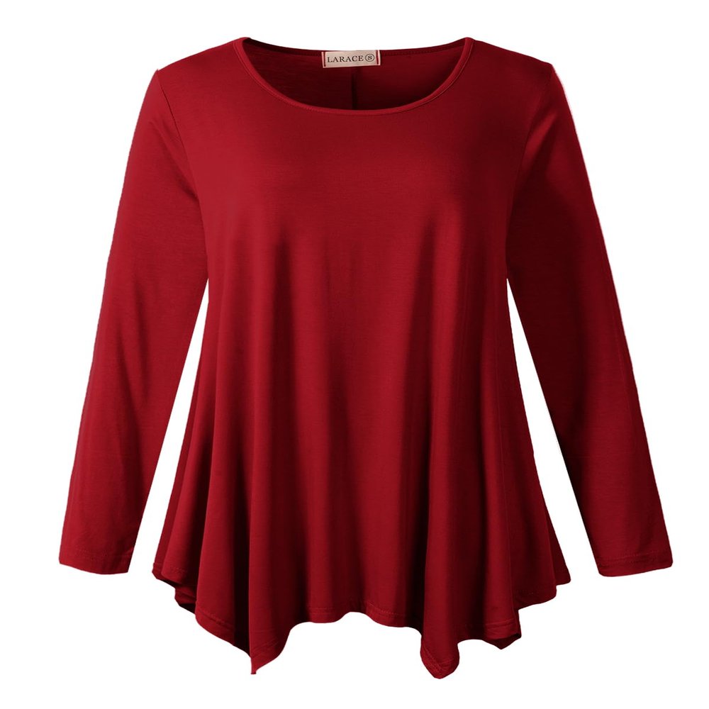 LARACE Womens Long Sleeve Flattering Comfy Tunic Loose Fit Flowy Top (1X, Wine Red)