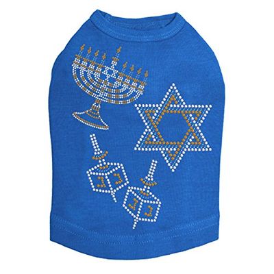 Menorah, Dreidel & Star of David (Blue & Gold) - Clear Rhinestones - Bling Rhinestone Hanukkah Dog Shirt, 2XL Royal Blue