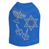 Menorah, Dreidel & Star of David (Blue & Gold) - Clear Rhinestones - Bling Rhinestone Hanukkah Dog Shirt, 2XL Royal Blue view 1