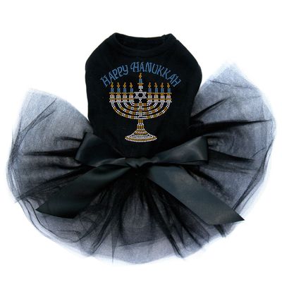 Menorah - Large (Blue, Silver, & Gold) - Bling Rhinestone Hanukkah Dog Tutu Dress, XL Black