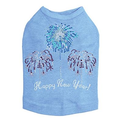 Happy New Year Fireworks - Bling Rhinestone New Year Dog Shirt, XL Blue