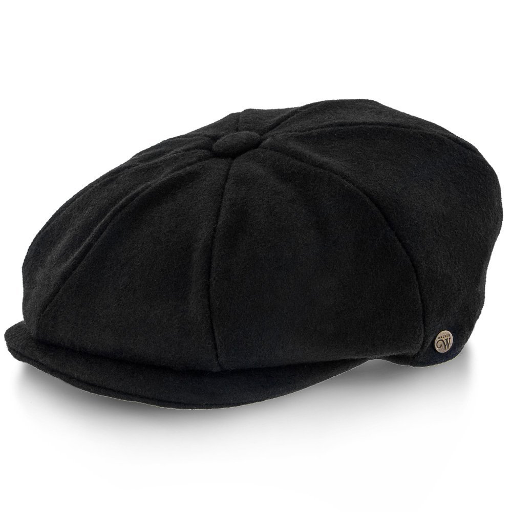 Walrus Hats Cap Black Wool Blend 8 Panel Newsboy Classic Vintage Style with Quilted Lining, Double Snap Brim & Grosgrain Sweatband Stylish 1920s Inspired Design