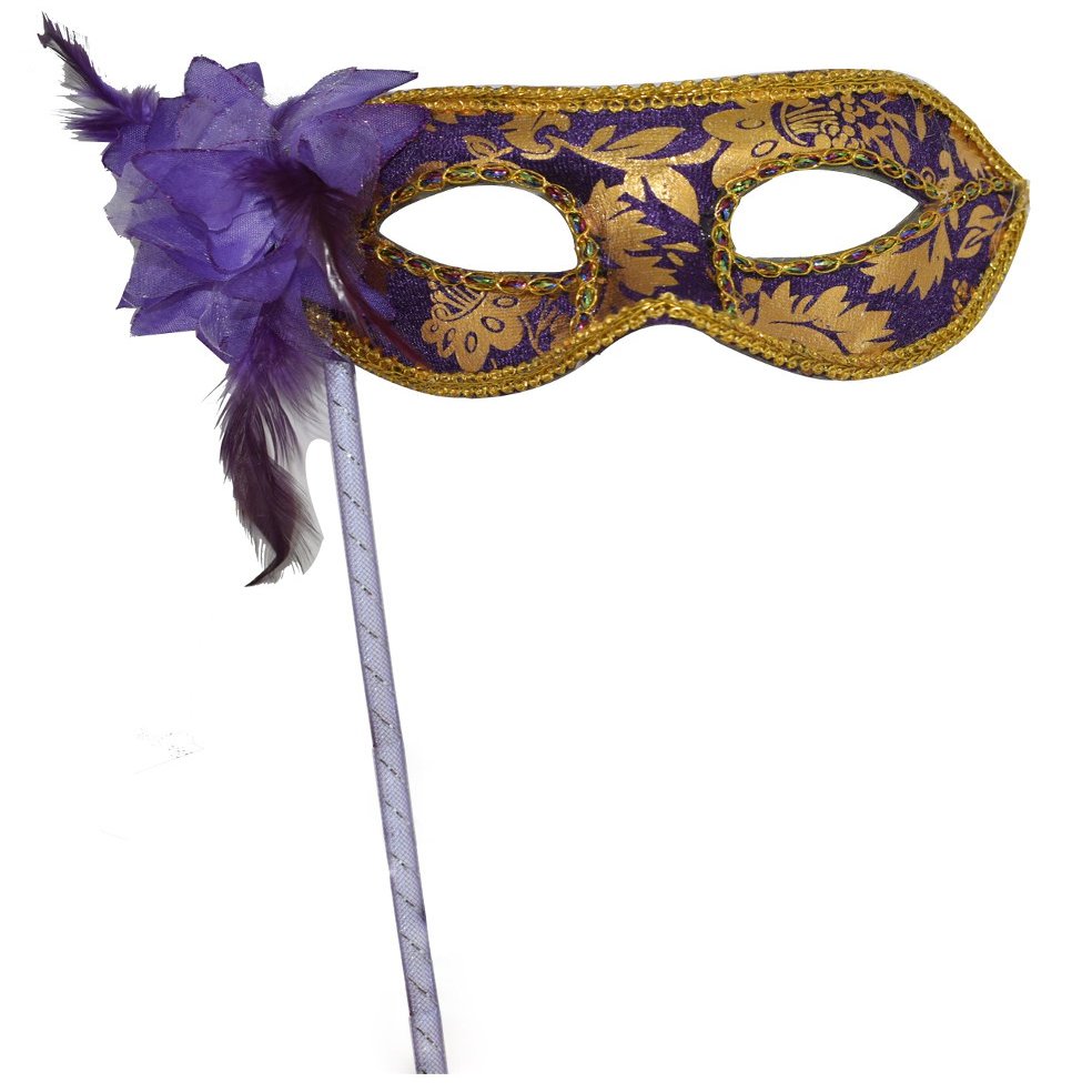 AZYOUNG Woman's Christmas Halloween Black Purple Red White Feather Flower Plastic Masquerade Mask on Stick,(Purple)