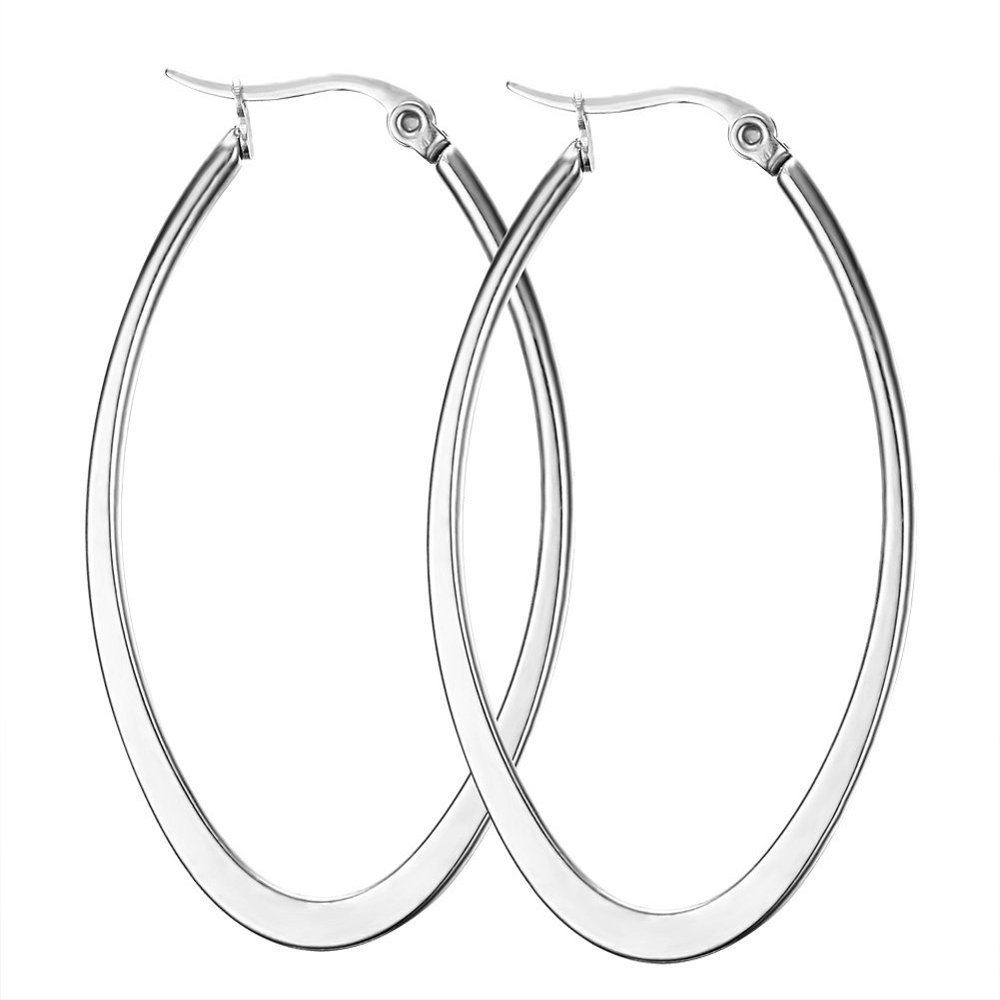 Huanian Stainless Steel Oval Teardrop Hoop Earrings For Women,Silver