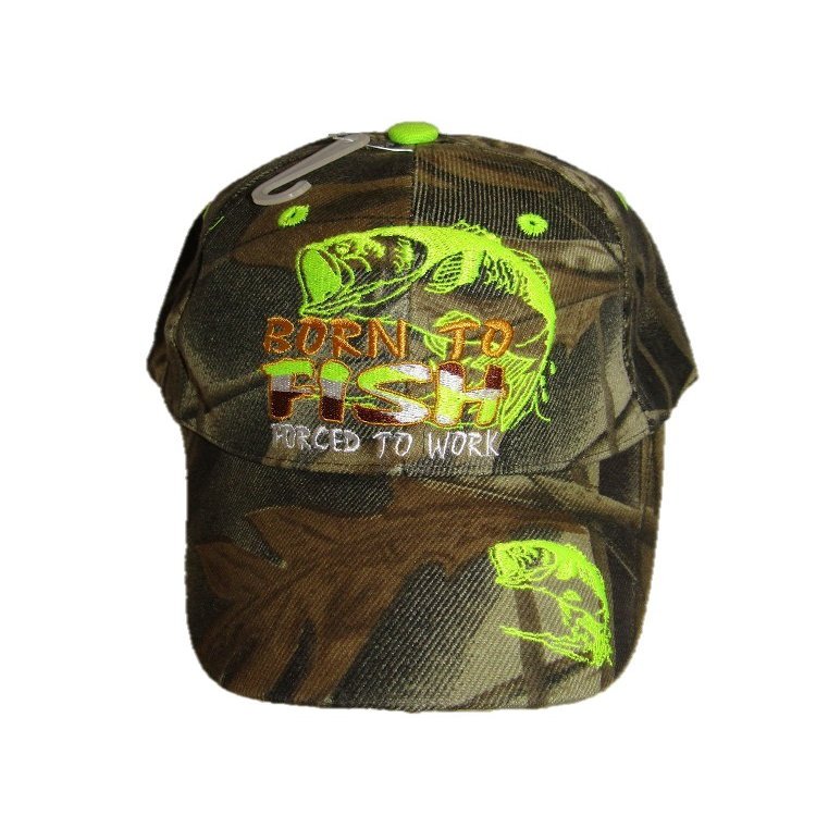 AES Born to Fish Forced to Work (Neon Green) Camo Camouflage Embroidered Cap Hat