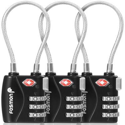 Fosmon TSA Approved Cable Locks for Luggage, Suitcase, Gun Case Locks with Push Release Button, 3 Digit Long Shackle Combination Wire Locks for Backpack Zipper Anti Theft, Gym Locker -3 Pack, Black