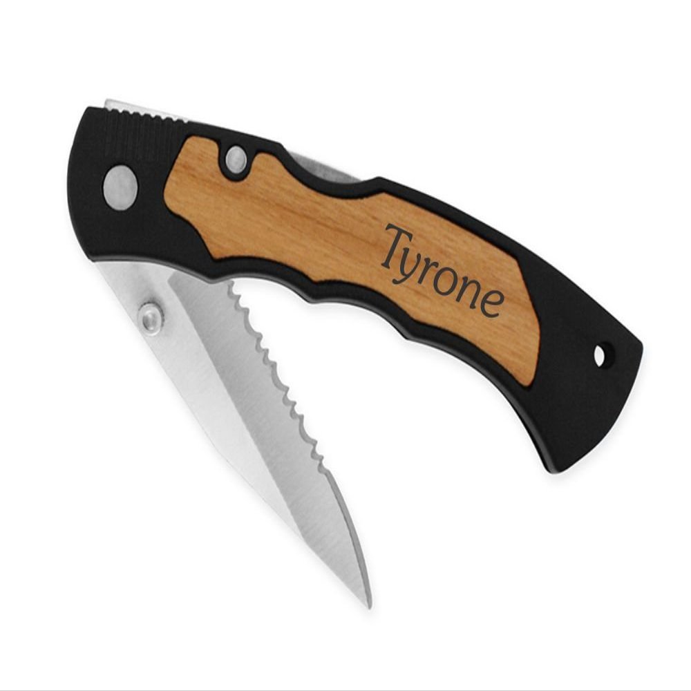 Dimension 9 Laser Engraved Alder Wood Personalized Stainless Steel Blade Folding Pocket Knife with Clip, Michael, Black