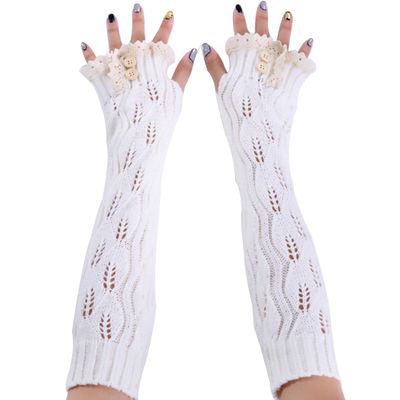 LerBen Womens Lace Knitted Fingerless Warm Gloves Long Arm Warmer Thumb Hole Mitten