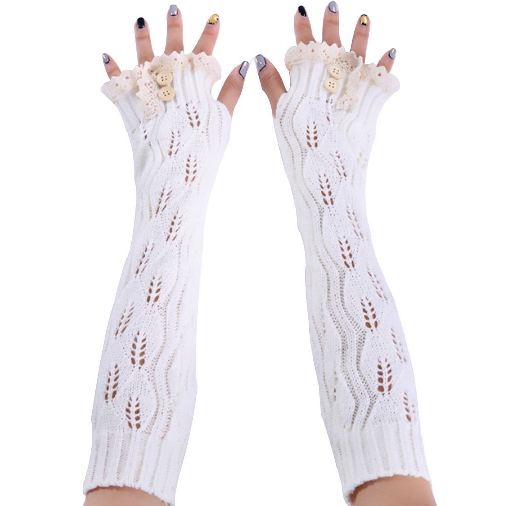 LerBen Womens Lace Knitted Fingerless Warm Gloves Long Arm Warmer Thumb Hole Mitten