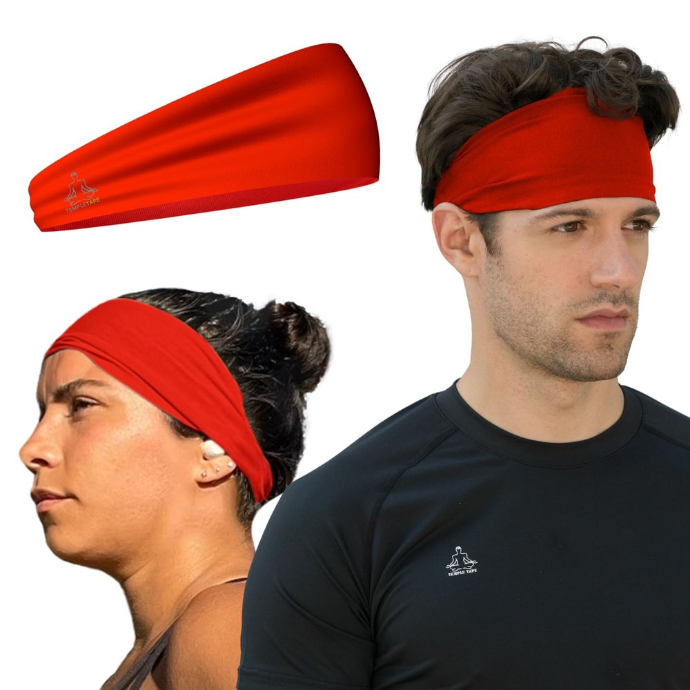 Temple Tape, Headbands for Men and Women - Mens Sweatband & Sports Headband Moisture Wicking Workout Sweatbands for Running, Cross Training, Yoga and Bike Helmet Friendly - Red