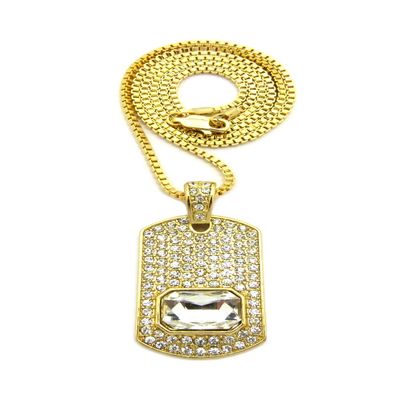 NYFASHION101 Mini Colored Gemstone on Stone Stud Dog Tag Pendant with Chain Necklace - Clear, 2mm 30" Gold-Tone Box Chain