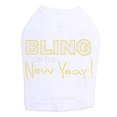 Bling on The New Year- Bling Rhinestone New Year Dog Shirt, S White