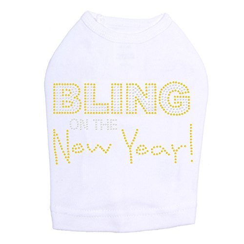 Bling on The New Year- Bling Rhinestone New Year Dog Shirt, S White