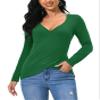 Afibi Women's Basic Sexy Long Sleeve V-Neck Stretch T-Shirt Blouse Tops (Large, Green) view 2