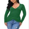 Afibi Women's Basic Sexy Long Sleeve V-Neck Stretch T-Shirt Blouse Tops (Large, Green) view 3