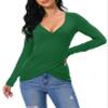 Afibi Women's Basic Sexy Long Sleeve V-Neck Stretch T-Shirt Blouse Tops (Large, Green) view 4