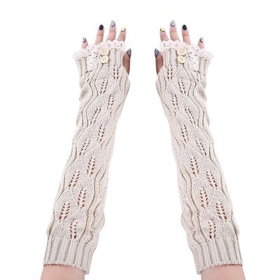 Drasawee Winter Warm Lace Knitted Crochet Long Fingerles Gloves Beige