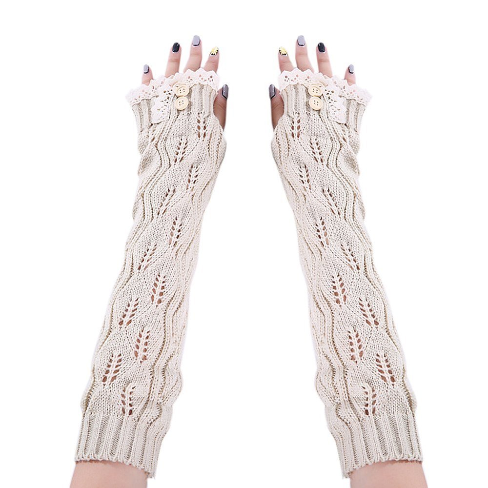 Drasawee Winter Warm Lace Knitted Crochet Long Fingerles Gloves Beige