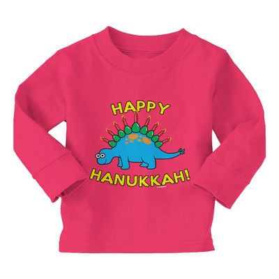 Haase Unlimited Happy Hanukkah - Dinosaur Menorah Long Sleeve Toddler Cotton Jersey Shirt (Pink, 3T)