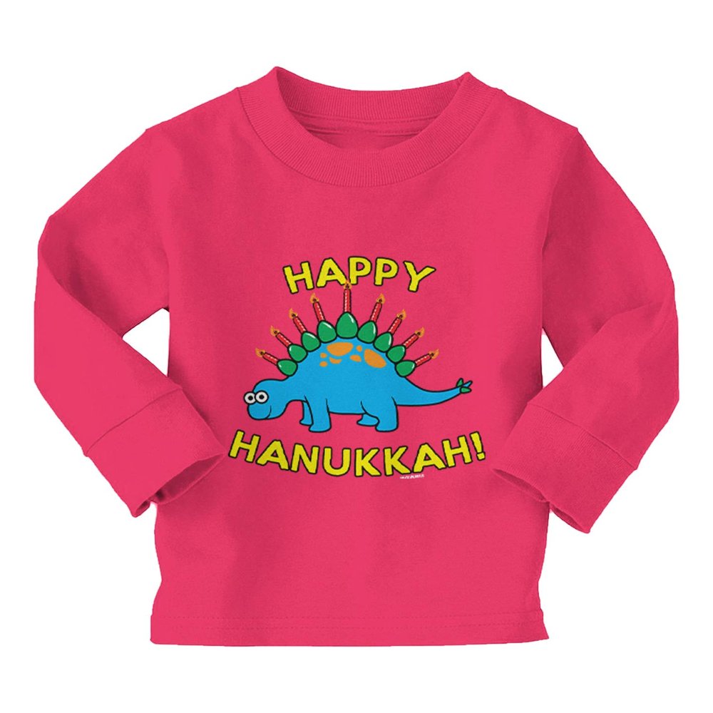 Haase Unlimited Happy Hanukkah - Dinosaur Menorah Long Sleeve Toddler Cotton Jersey Shirt (Pink, 3T)