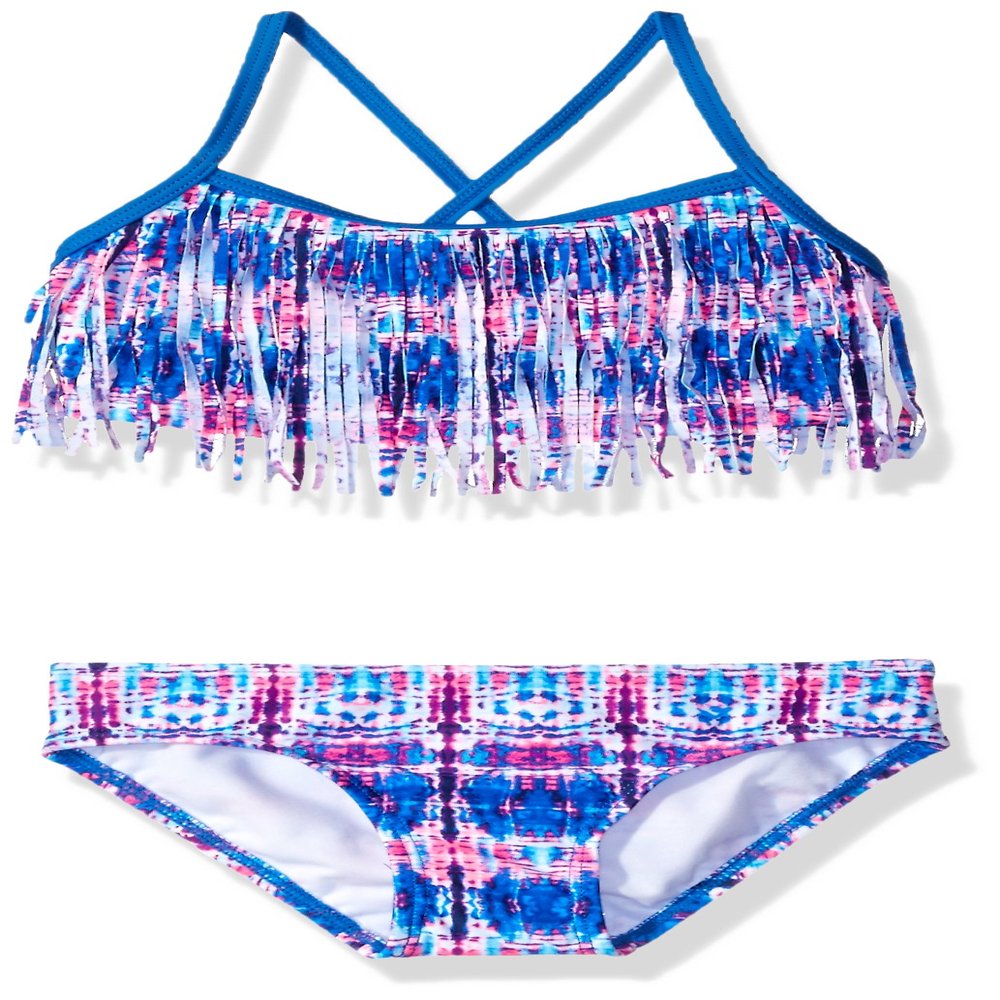 Kanu Surf Girls' Toddler Kayla Fringe Bikini Swimsuit, Pink/Blue, 2T