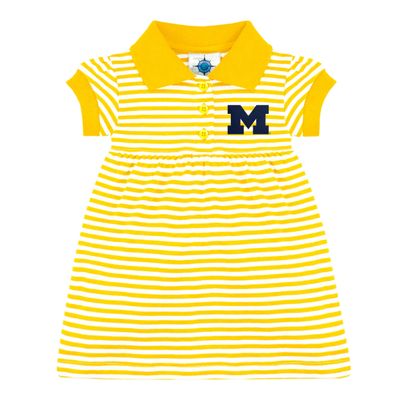 College Baby Striped Game Day Polo Dress with Bloomer - Michigan Wolverines Block M Logo - Gold/White - 3-6 Months