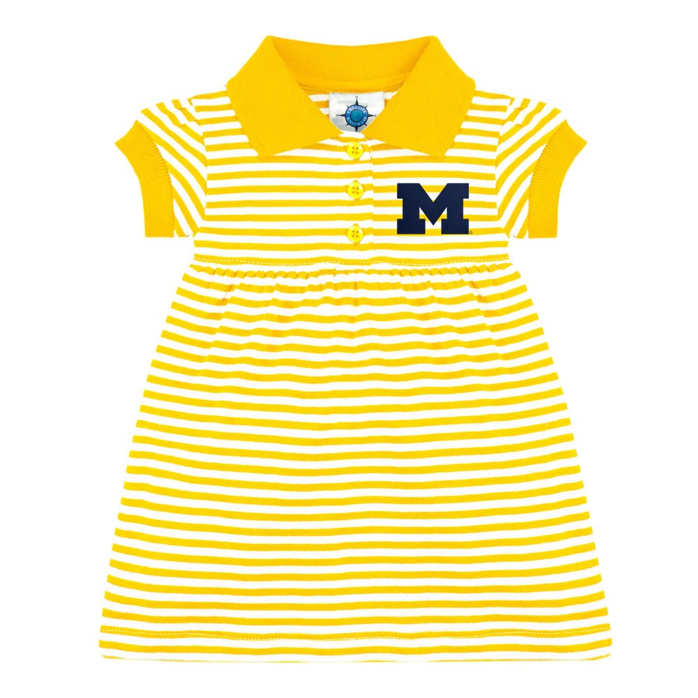 College Baby Striped Game Day Polo Dress with Bloomer - Michigan Wolverines Block M Logo - Gold/White - 3-6 Months