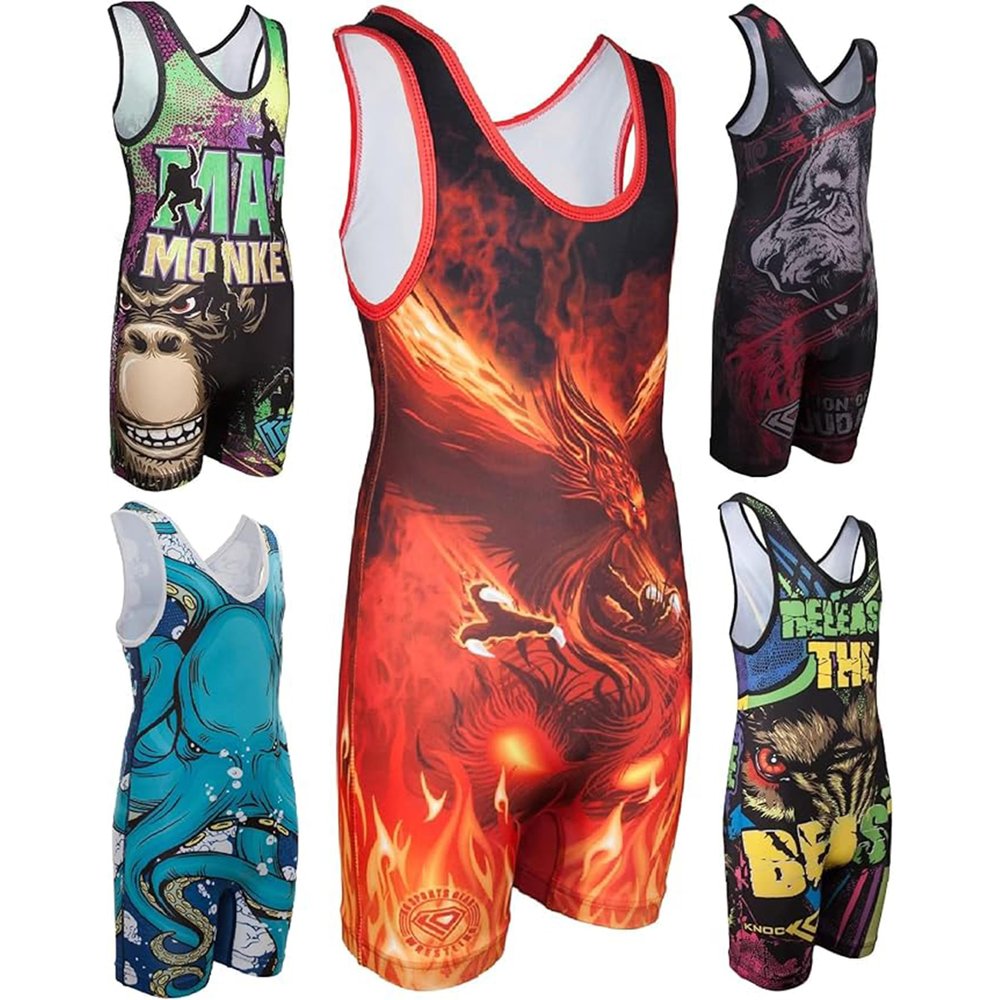 KO Sports Gear Unisex Wrestling Singlet for Adult Wrestlers - Wrestling Singlet for Men & Women - Bold Durable Uniform, Stretchy Breathable Material - Orange Phoenix, Adult X-Small