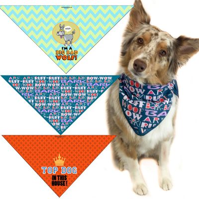 Big Bad Woof, Bark Bark Woof Woof & Top Dog - Funny Dog Bandana Med to Large Dogs - Set of 3 Doggie Scarfs