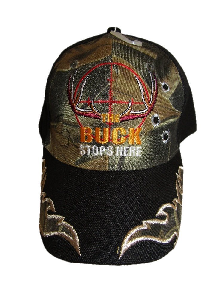 AES The Buck Stops Here Hunting Deer Black Back Camouflage Embroidered Cap Hat
