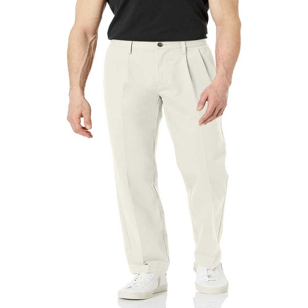 Amazon Essentials Men's Classic-Fit Wrinkle-Resistant Pleated Chino Pant (Available in Big & Tall), Stone, 32W x 30L