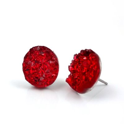10mm Faux Druzy Stud Earrings - Stainless Steel Posts Sensitive Ears Boho Chic Sparkly Glitter Studs (Red Crystal)