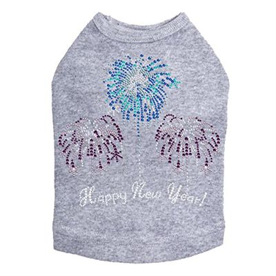 Happy New Year Fireworks - Bling Rhinestone New Year Dog Shirt, 2XL Heather Gray