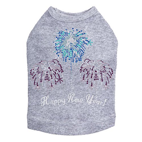 Happy New Year Fireworks - Bling Rhinestone New Year Dog Shirt, 2XL Heather Gray