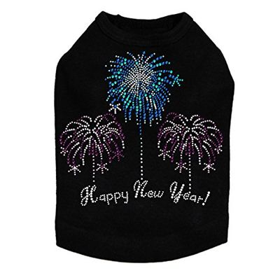 Happy New Year Fireworks - Bling Rhinestone New Year Dog Shirt, 3XL Black