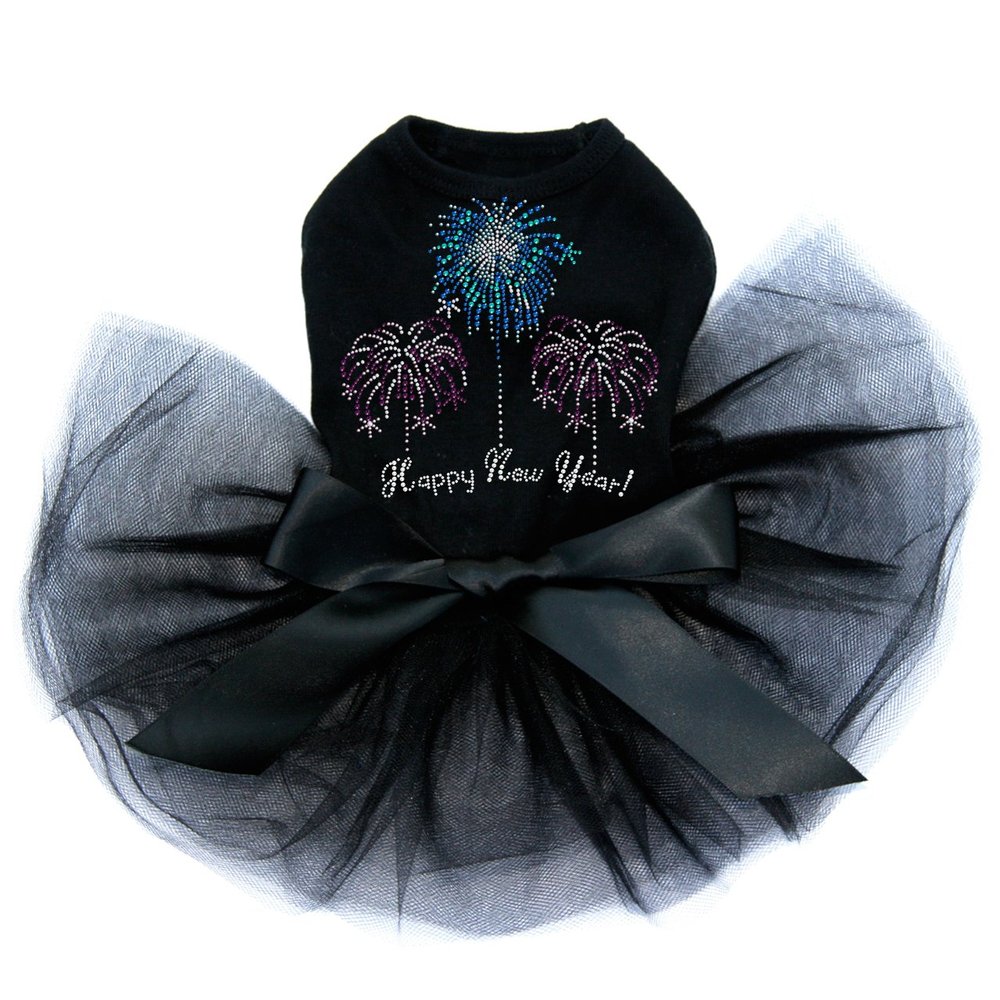 Happy New Year Fireworks - Bling Rhinestone New Year Dog Tutu Dress, 3XL Black