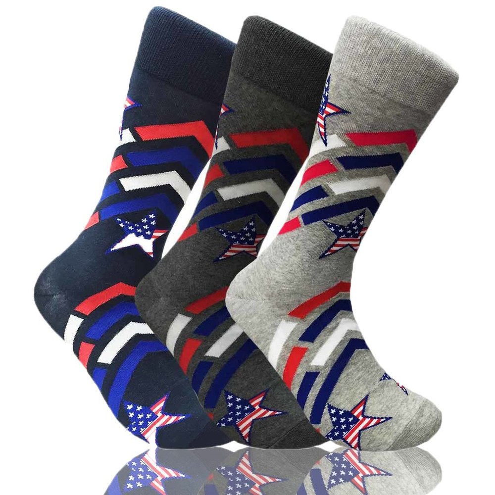 COUVER Mens Funny Novelty Crew Socks Casual Patterned 3 Pair Bundle Star Spangled