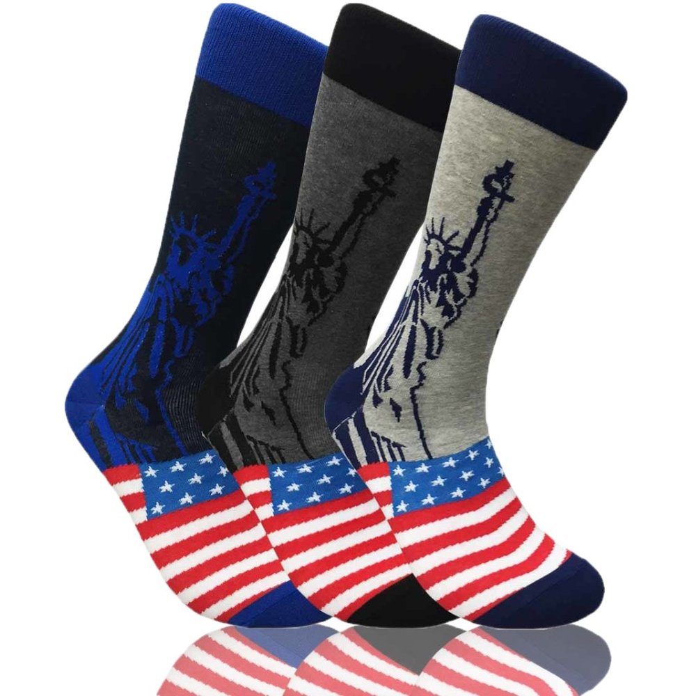 COUVER Mens Funny Novelty Crew Socks Casual Patterned 3 Pair Bundle Lady Liberty
