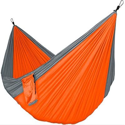 Double Camping Hammock - Lightweight Parachute Nylon, Camping Gear for Backpacking Hiking, Portable for Travel, Beach, Yard. Storage Bag, Hammock Straps, Steel Carabiners Included (Orange & Gray)