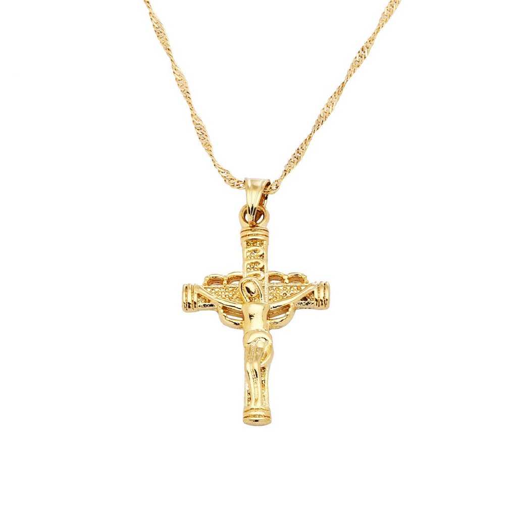 24K Gold Classical Catholic Church Jesus Cross Necklace Religion Crucifix Pendant Jewelry