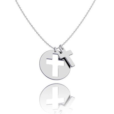 Ouslier 925 Sterling Silver Cut Out Disc Cross Necklace Pendant 16"-18" Rollo Chain (Silver)