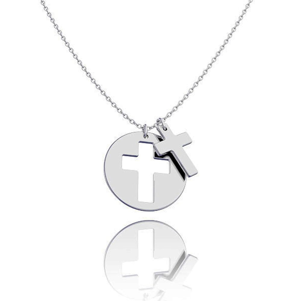 Ouslier 925 Sterling Silver Cut Out Disc Cross Necklace Pendant 16"-18" Rollo Chain (Silver)