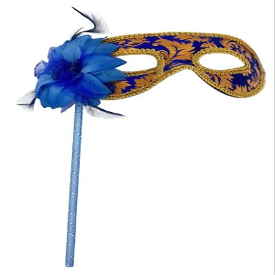 AZYOUNG Woman's Christmas Halloween Black Purple Red White Feather Flower Plastic Masquerade Mask on Stick,(Blue)