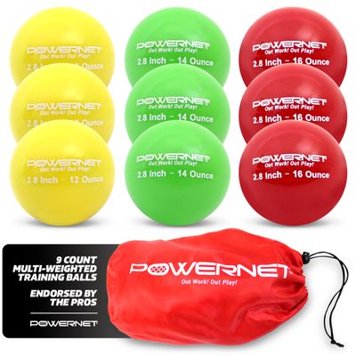 PowerNet 2.8" 9 Pack Baseball Size Weighted Progressive Training Balls for Hitting and Batting, Build Strength & Muscle, Improve Technique, Training Equipment for Throwing (12, 14, 16 oz)