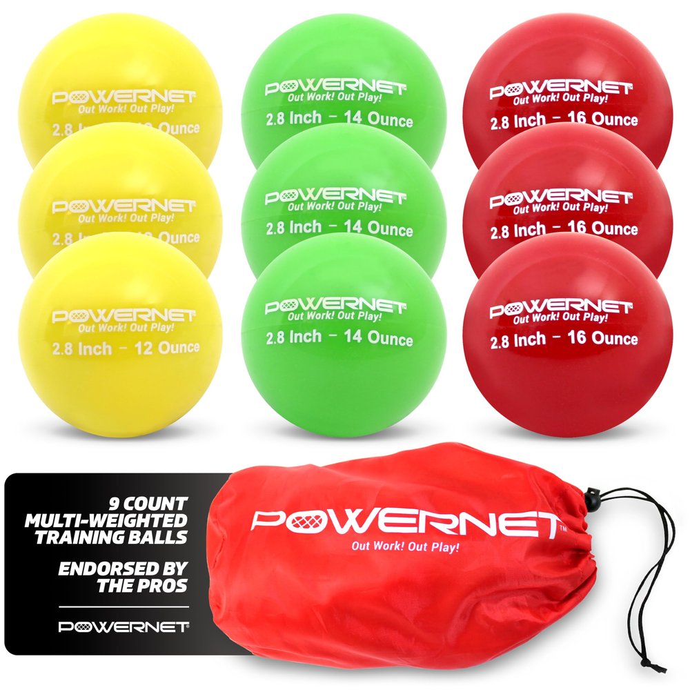 PowerNet 2.8" 9 Pack Baseball Size Weighted Progressive Training Balls for Hitting and Batting, Build Strength & Muscle, Improve Technique, Training Equipment for Throwing (12, 14, 16 oz)