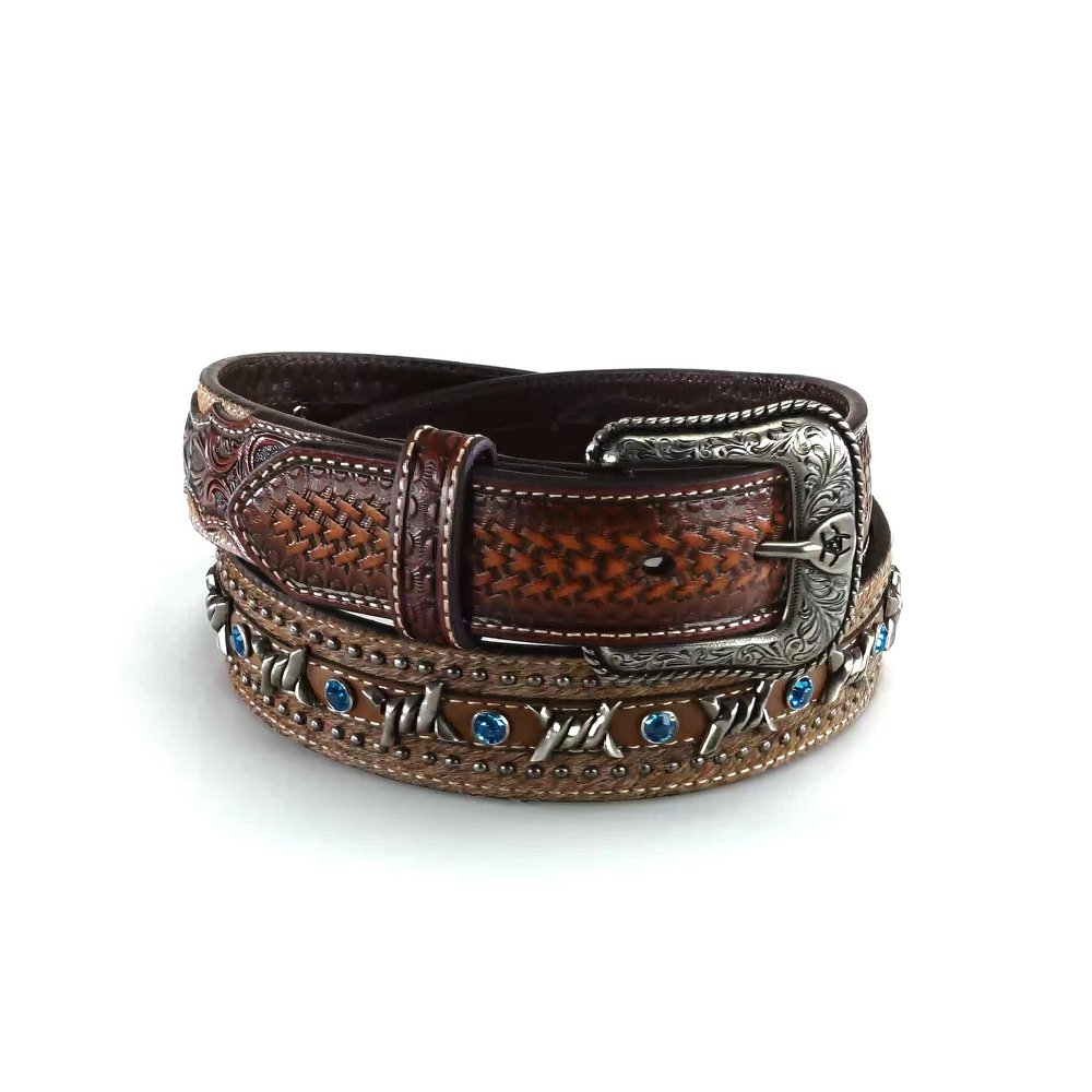 ARIAT Men's Embossed Leather Belt with Barbed Wire Accents and Blue Crystals, Brown, 40
