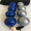 BuyBocceBalls Listing - 73mm Metal Bocce/Petanque 8 Ball Set with 4 Plain Grind Sand and 4 Blue Balls and Black Bag view 1